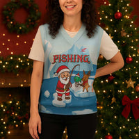 Christmas Fishing Christmas Knitted V-Neck Vest with Santa Claus Reindeer Iceberg and Merry Fishmas Design - Wonder Print Shop