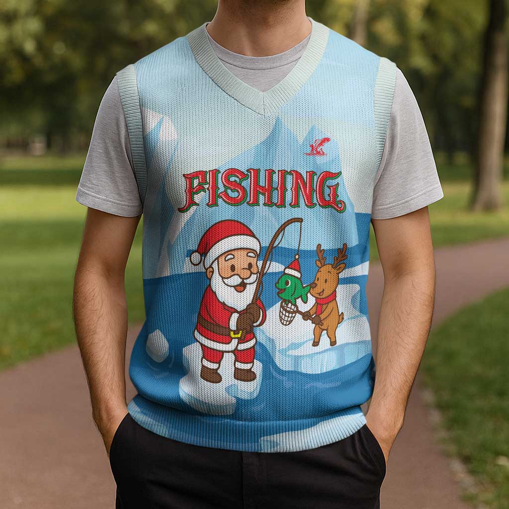 Christmas Fishing Christmas Knitted V-Neck Vest with Santa Claus Reindeer Iceberg and Merry Fishmas Design - Wonder Print Shop