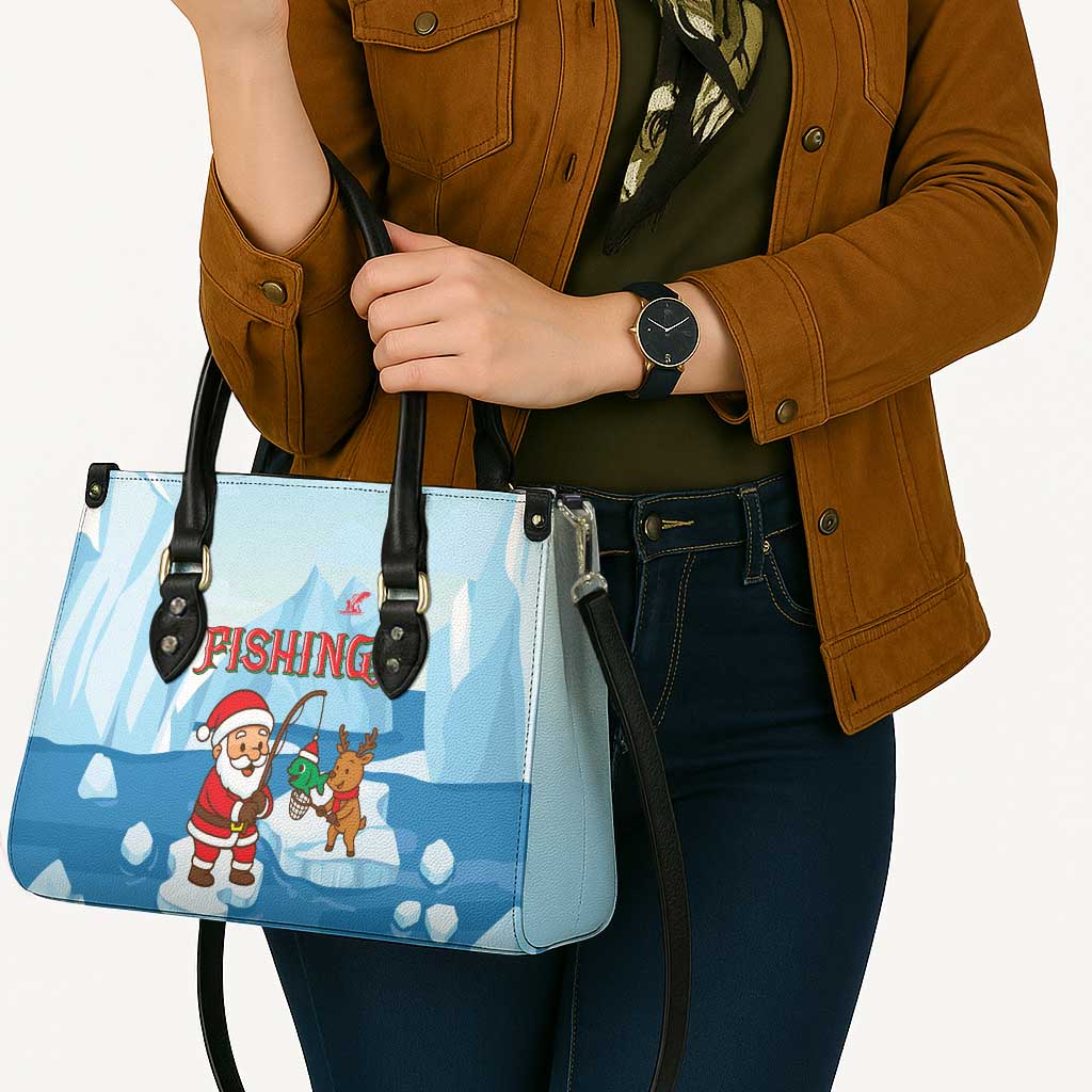 Christmas Fishing Leather Bag with Santa Claus Reindeer Iceberg and Merry Fishmas Design - Wonder Print Shop