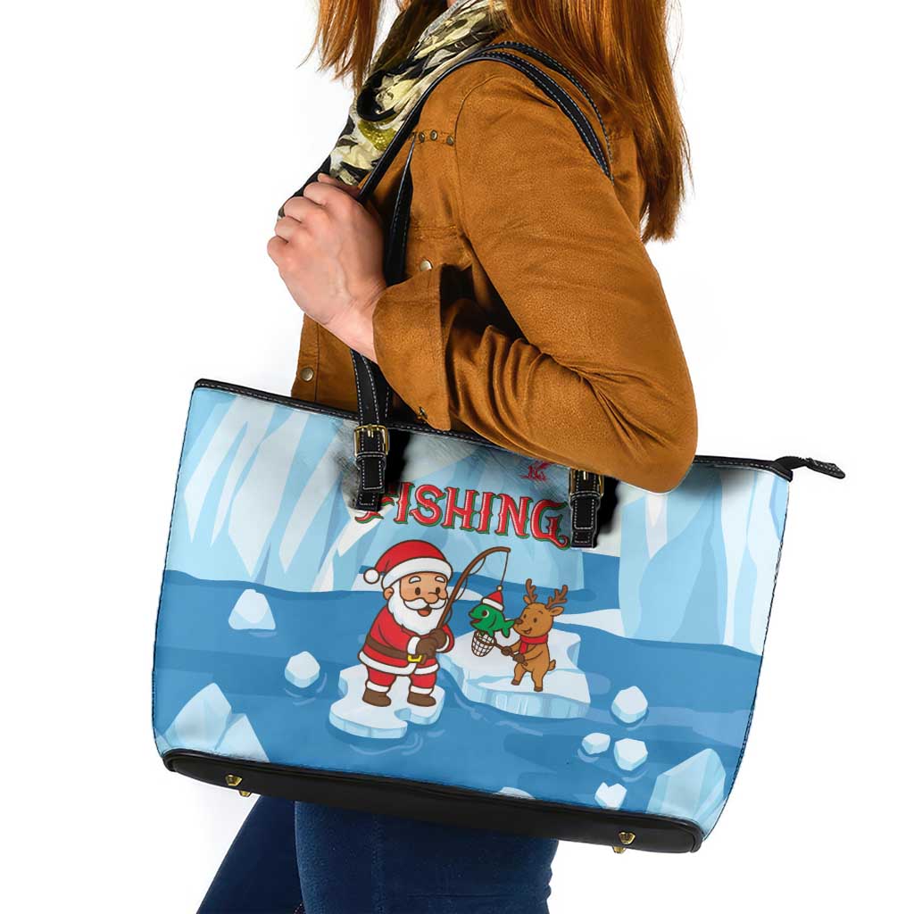 Christmas Fishing Leather Tote Bag with Santa Claus Reindeer Iceberg and Merry Fishmas Design - Wonder Print Shop