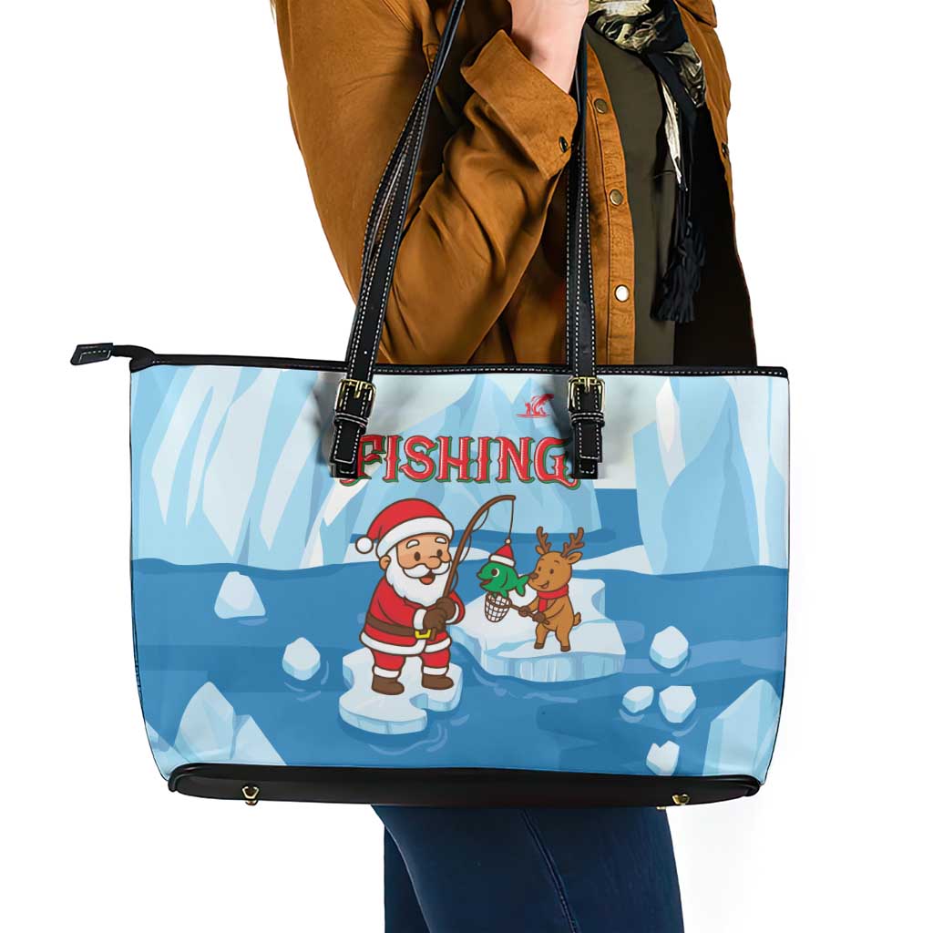Christmas Fishing Leather Tote Bag with Santa Claus Reindeer Iceberg and Merry Fishmas Design - Wonder Print Shop