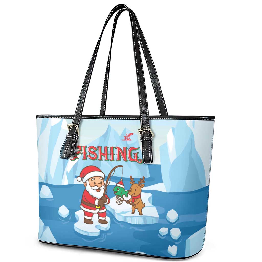 Christmas Fishing Leather Tote Bag with Santa Claus Reindeer Iceberg and Merry Fishmas Design - Wonder Print Shop
