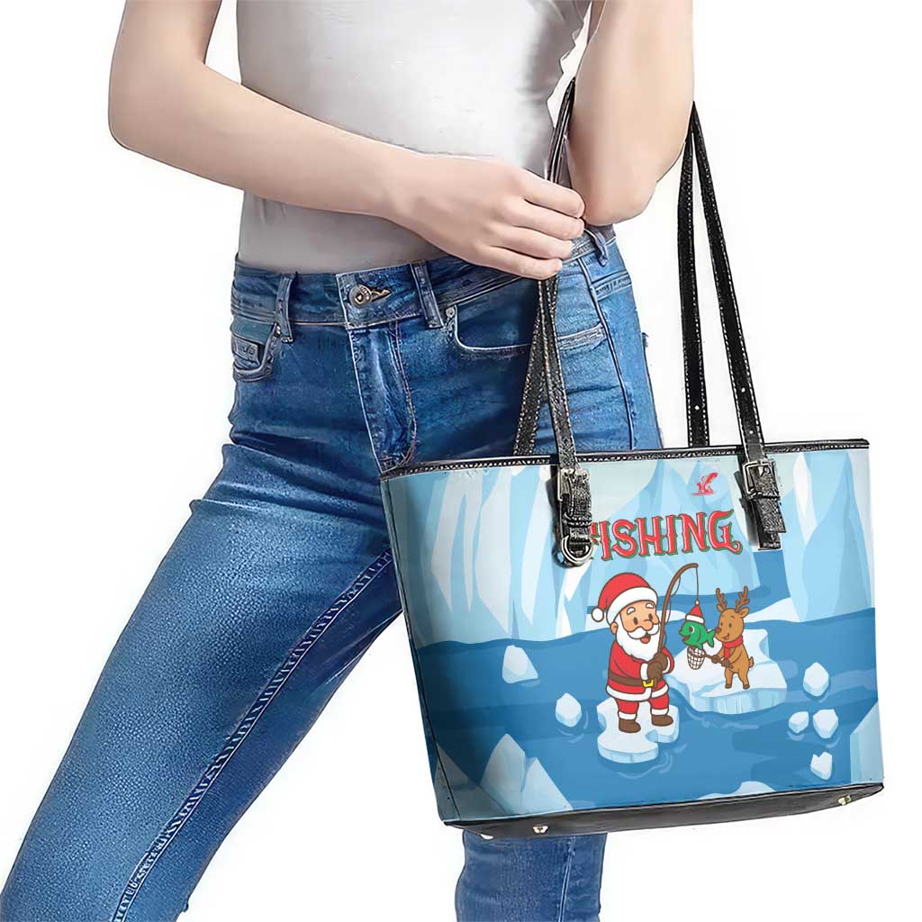 Christmas Fishing Leather Tote Bag with Santa Claus Reindeer Iceberg and Merry Fishmas Design - Wonder Print Shop