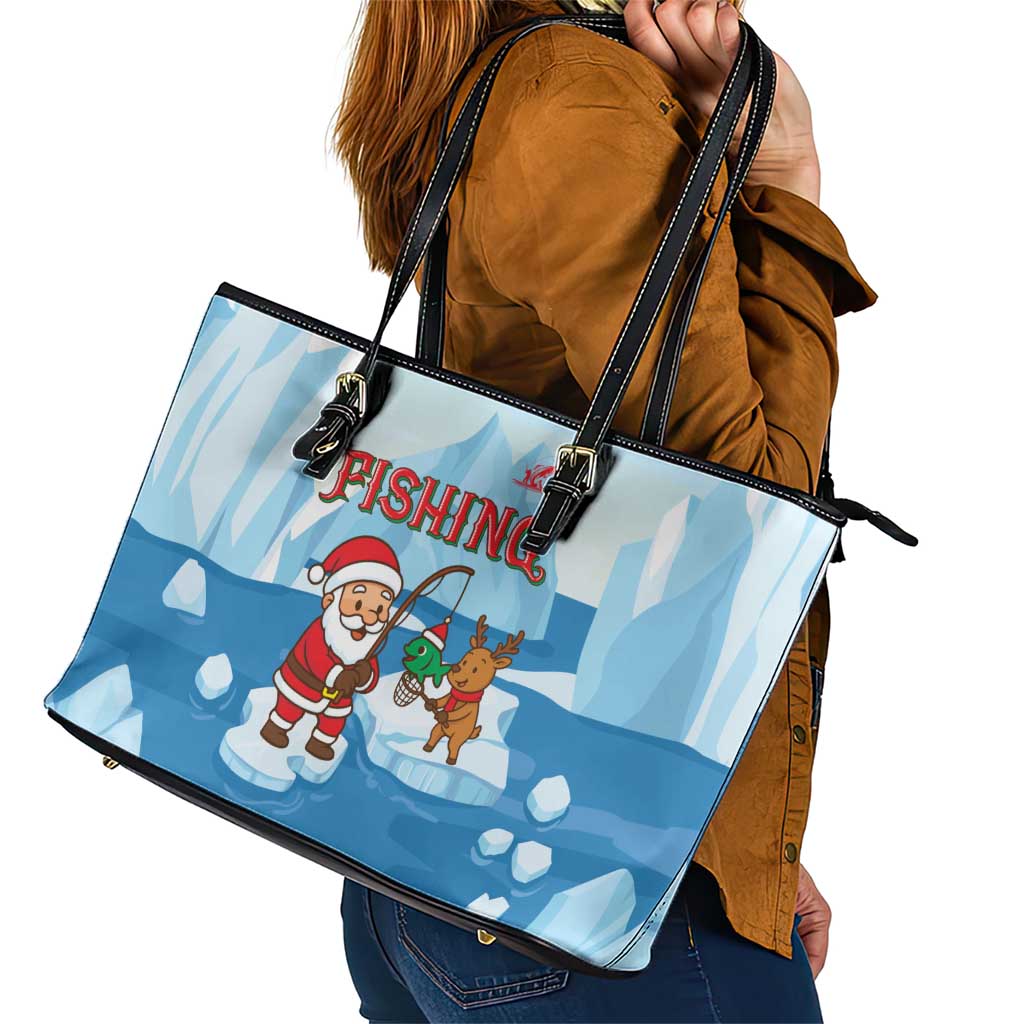 Christmas Fishing Leather Tote Bag with Santa Claus Reindeer Iceberg and Merry Fishmas Design - Wonder Print Shop