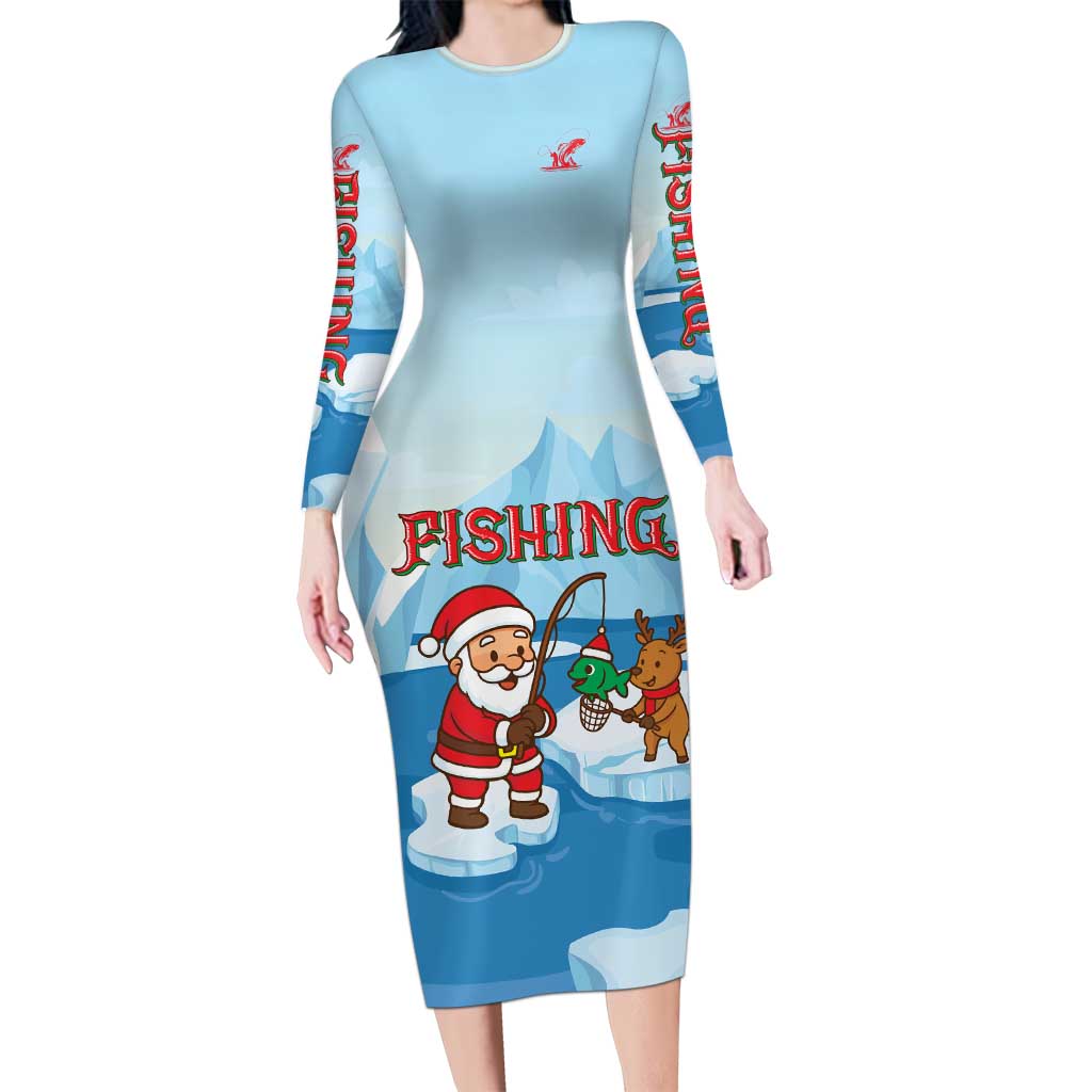 Christmas Fishing Long Sleeve Bodycon Dress with Santa Claus Reindeer Iceberg and Merry Fishmas Design - Wonder Print Shop