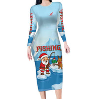 Christmas Fishing Long Sleeve Bodycon Dress with Santa Claus Reindeer Iceberg and Merry Fishmas Design - Wonder Print Shop