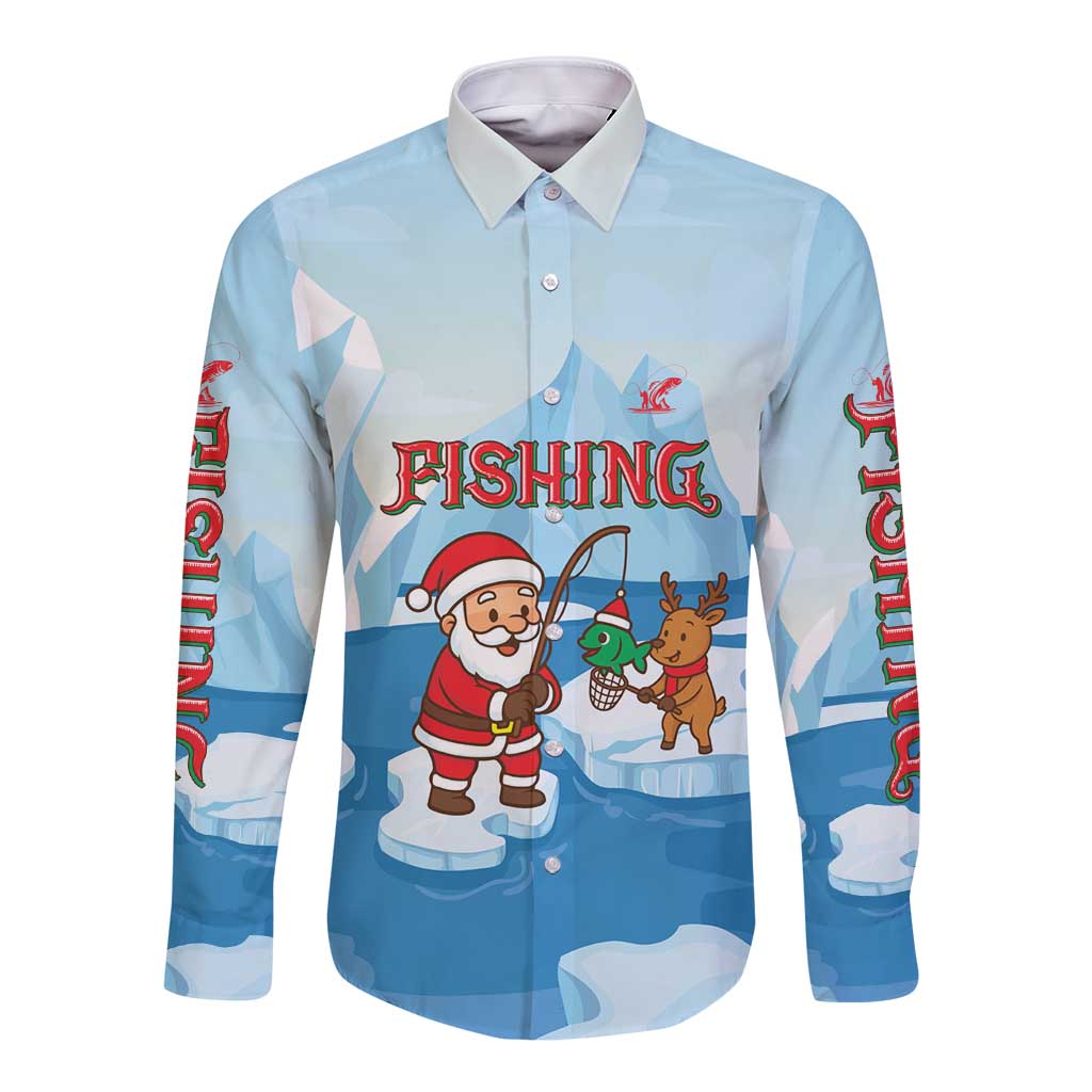 Christmas Fishing Long Sleeve Button Shirt with Santa Claus Reindeer Iceberg and Merry Fishmas Design - Wonder Print Shop
