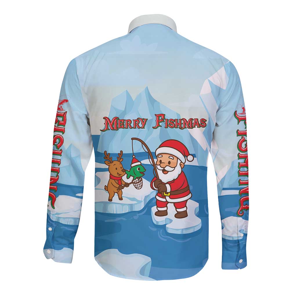 Christmas Fishing Long Sleeve Button Shirt with Santa Claus Reindeer Iceberg and Merry Fishmas Design - Wonder Print Shop