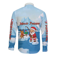 Christmas Fishing Long Sleeve Button Shirt with Santa Claus Reindeer Iceberg and Merry Fishmas Design - Wonder Print Shop