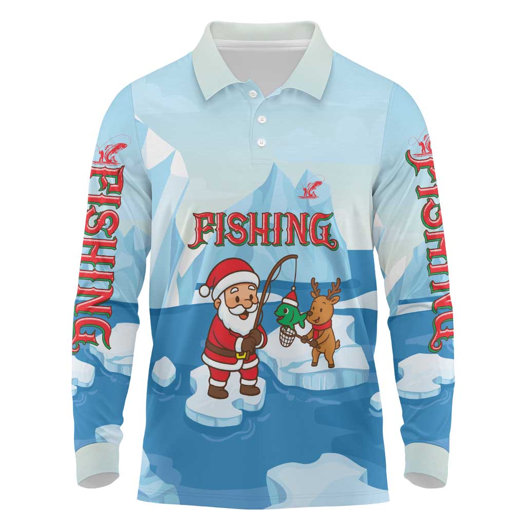 Christmas Fishing Long Sleeve Polo Shirt with Santa Claus Reindeer Iceberg and Merry Fishmas Design - Wonder Print Shop