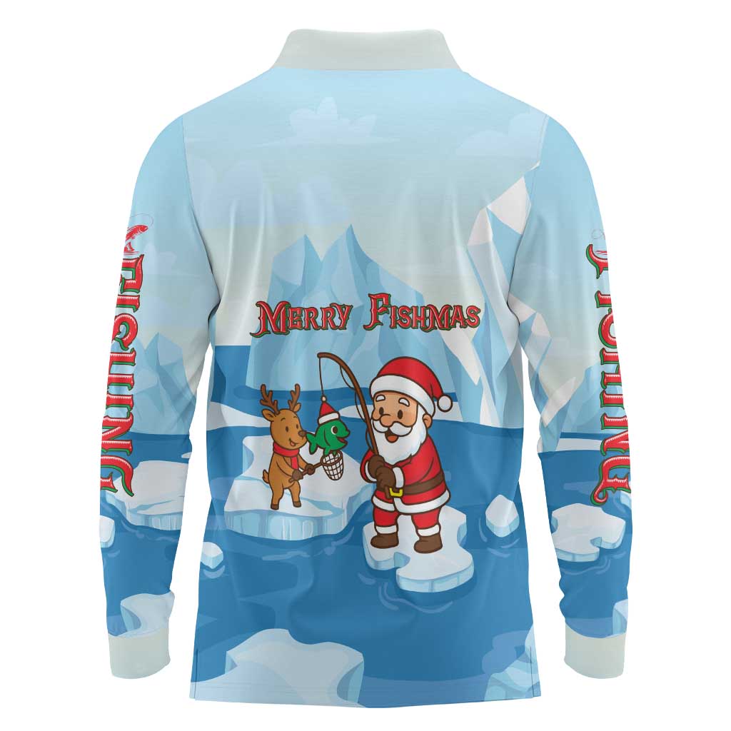 Christmas Fishing Long Sleeve Polo Shirt with Santa Claus Reindeer Iceberg and Merry Fishmas Design - Wonder Print Shop