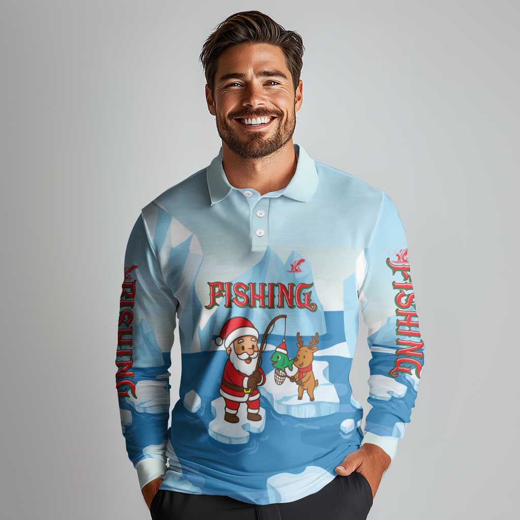 Christmas Fishing Long Sleeve Polo Shirt with Santa Claus Reindeer Iceberg and Merry Fishmas Design - Wonder Print Shop