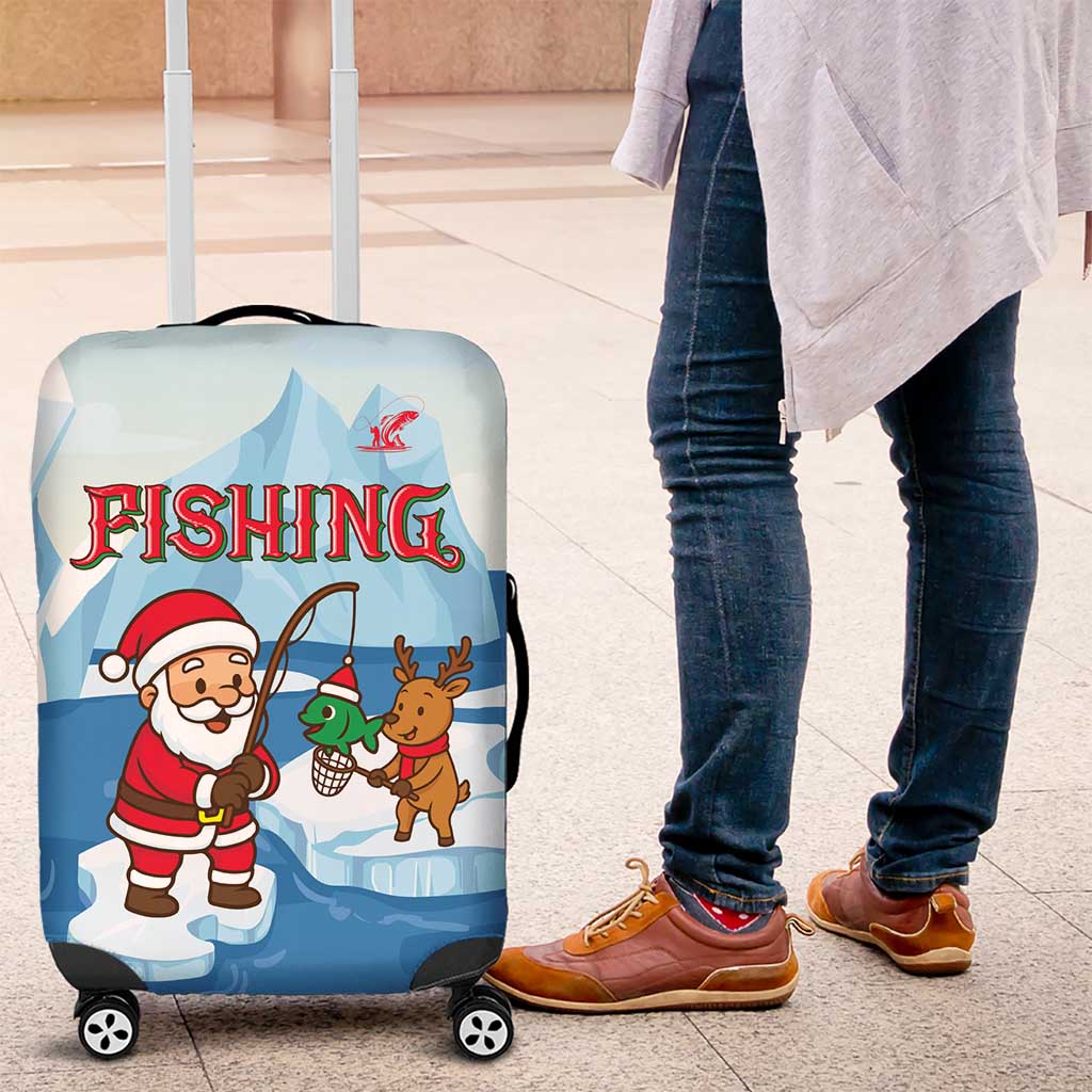 Christmas Fishing Luggage Cover with Santa Claus Reindeer Iceberg and Merry Fishmas Design - Wonder Print Shop