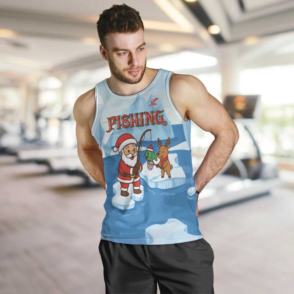 Christmas Fishing Men Tank Top with Santa Claus Reindeer Iceberg and Merry Fishmas Design - Wonder Print Shop