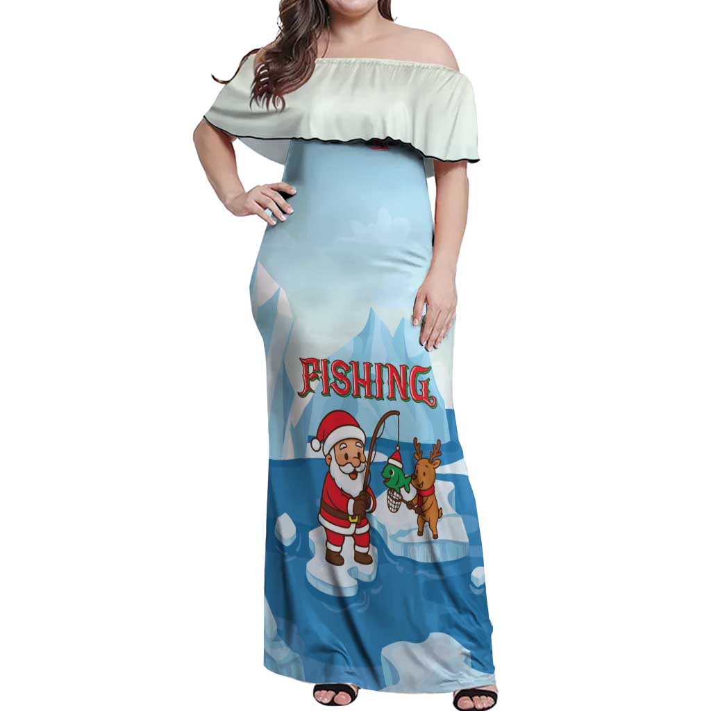 Christmas Fishing Off Shoulder Maxi Dress with Santa Claus Reindeer Iceberg and Merry Fishmas Design - Wonder Print Shop