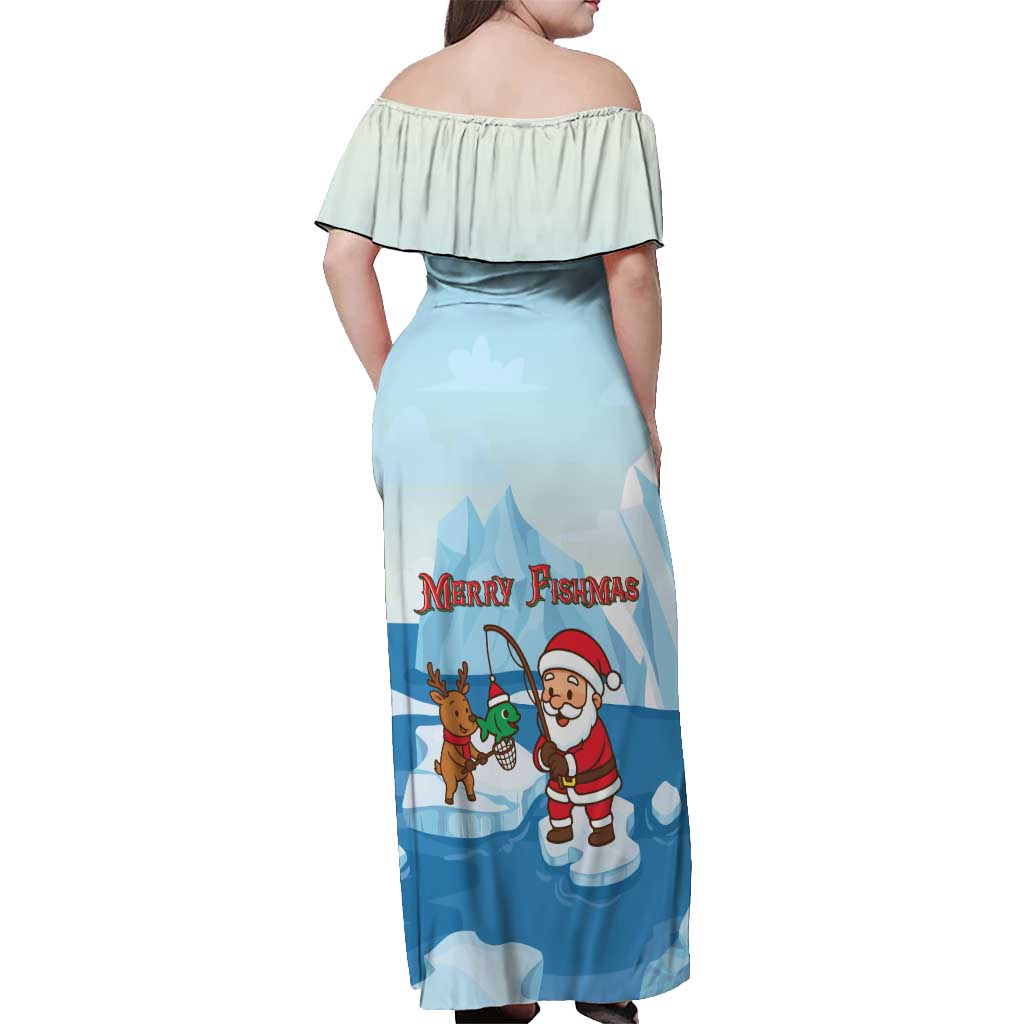 Christmas Fishing Off Shoulder Maxi Dress with Santa Claus Reindeer Iceberg and Merry Fishmas Design - Wonder Print Shop