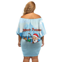 Christmas Fishing Off Shoulder Short Dress with Santa Claus Reindeer Iceberg and Merry Fishmas Design - Wonder Print Shop