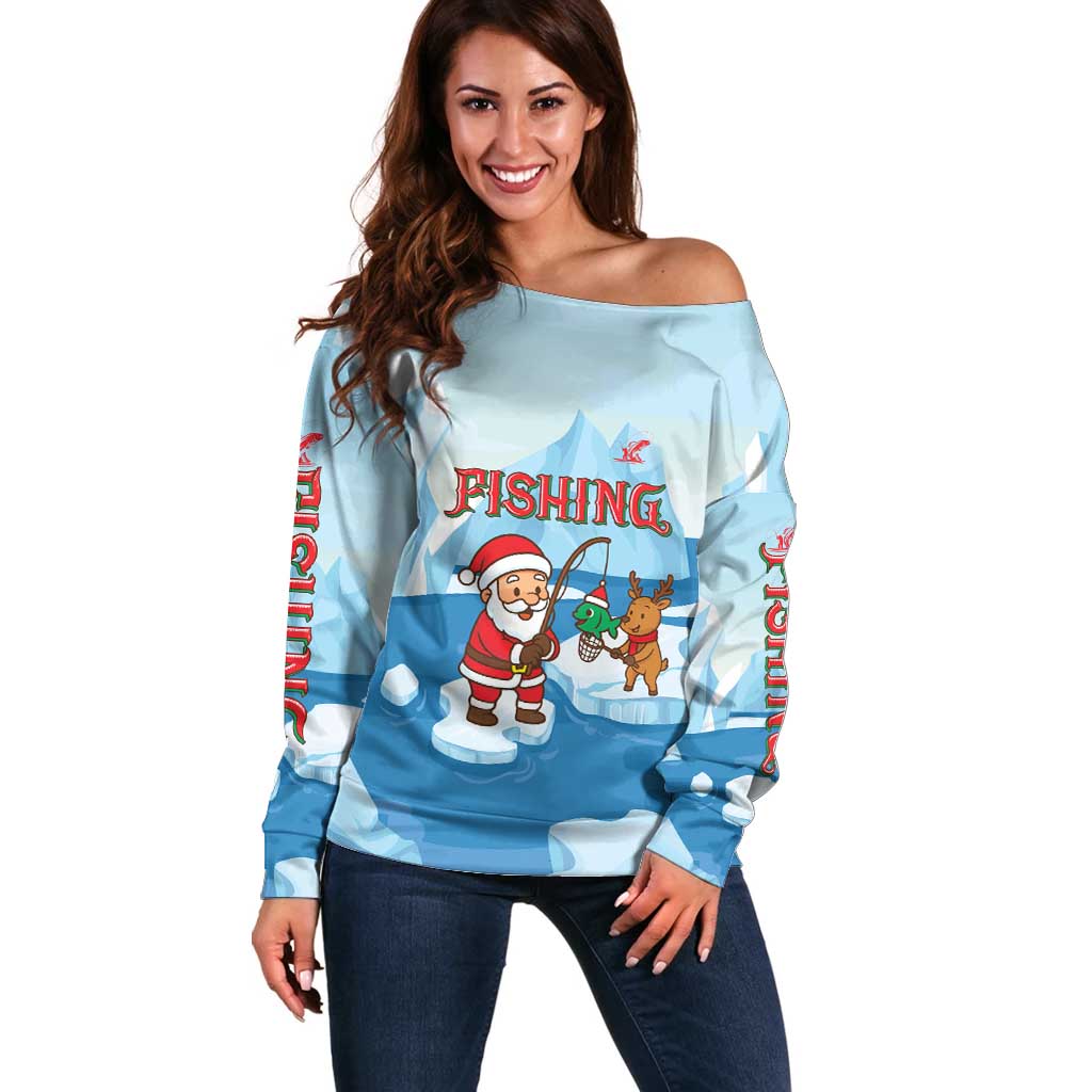 Christmas Fishing Off Shoulder Sweater with Santa Claus Reindeer Iceberg and Merry Fishmas Design - Wonder Print Shop