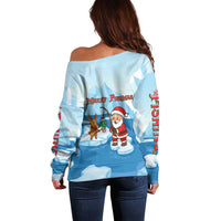 Christmas Fishing Off Shoulder Sweater with Santa Claus Reindeer Iceberg and Merry Fishmas Design - Wonder Print Shop