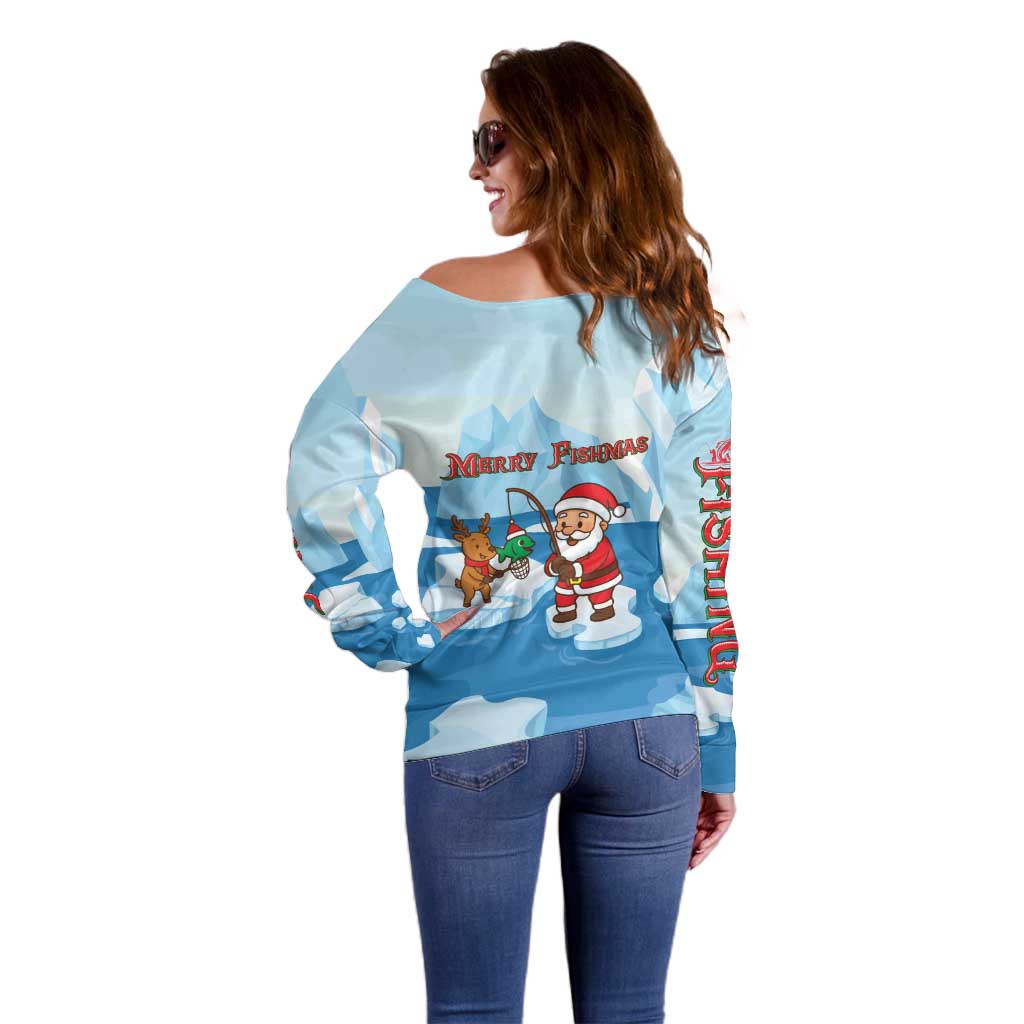 Christmas Fishing Off Shoulder Sweater with Santa Claus Reindeer Iceberg and Merry Fishmas Design - Wonder Print Shop