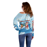 Christmas Fishing Off Shoulder Sweater with Santa Claus Reindeer Iceberg and Merry Fishmas Design - Wonder Print Shop