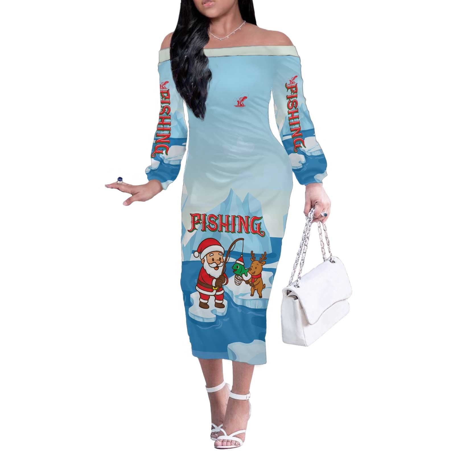 Christmas Fishing Off The Shoulder Long Sleeve Dress with Santa Claus Reindeer Iceberg and Merry Fishmas Design - Wonder Print Shop