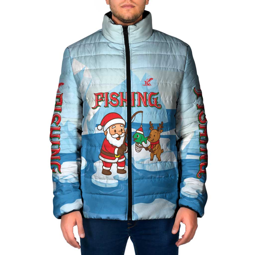 Christmas Fishing Padded Jacket with Santa Claus Reindeer Iceberg and Merry Fishmas Design - Wonder Print Shop