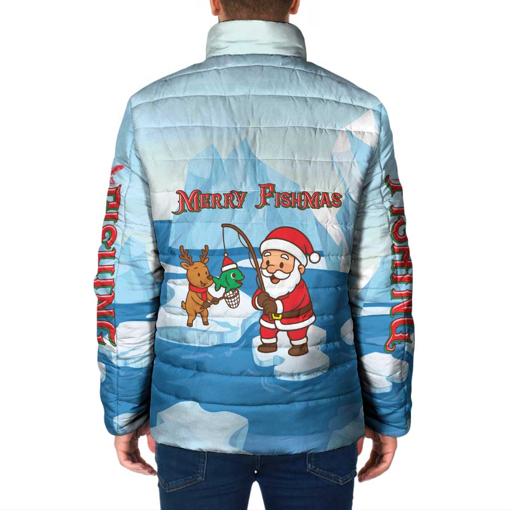 Christmas Fishing Padded Jacket with Santa Claus Reindeer Iceberg and Merry Fishmas Design - Wonder Print Shop