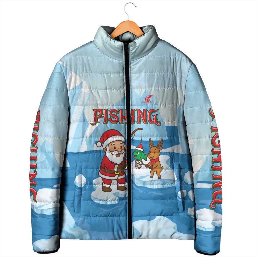 Christmas Fishing Padded Jacket with Santa Claus Reindeer Iceberg and Merry Fishmas Design - Wonder Print Shop