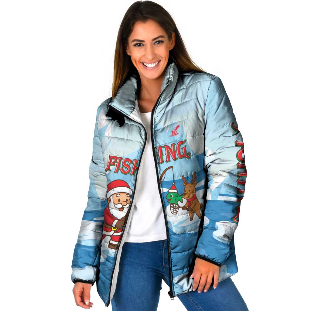 Christmas Fishing Padded Jacket with Santa Claus Reindeer Iceberg and Merry Fishmas Design - Wonder Print Shop