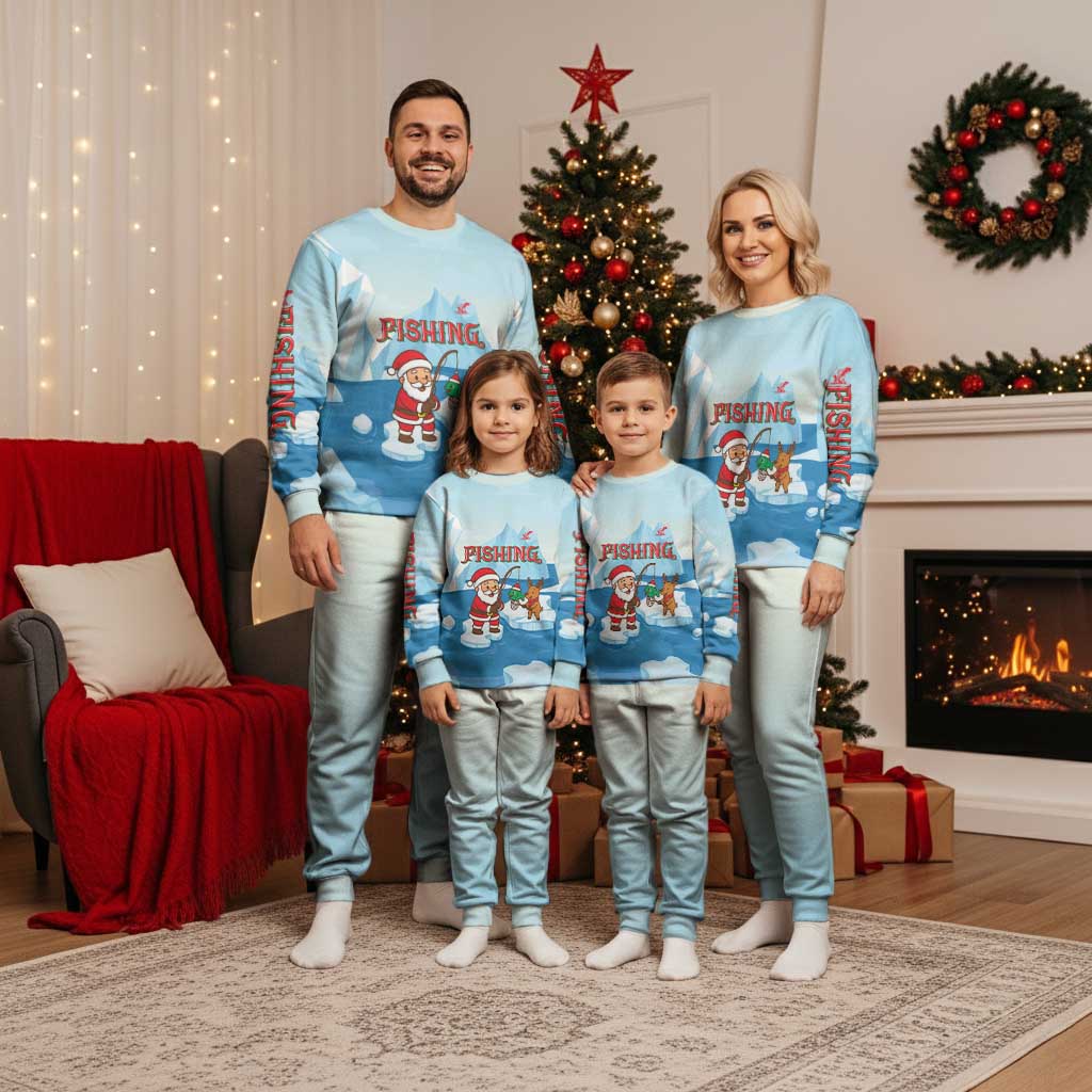 Christmas Fishing Christmas Pajama Set with Santa Claus Reindeer Iceberg and Merry Fishmas Design - Wonder Print Shop