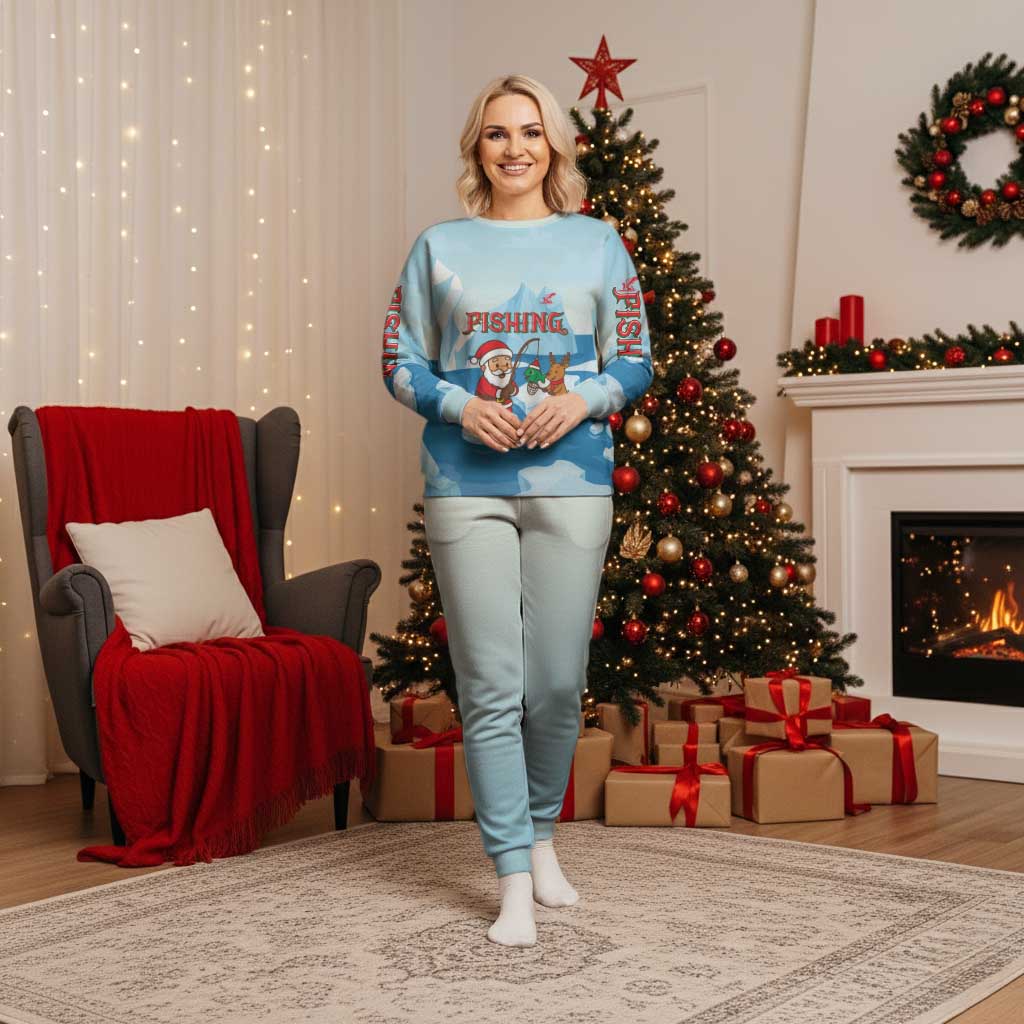 Christmas Fishing Christmas Pajama Set with Santa Claus Reindeer Iceberg and Merry Fishmas Design - Wonder Print Shop