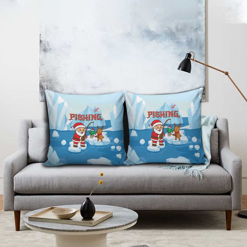 Christmas Fishing Pillow Cover with Santa Claus Reindeer Iceberg and Merry Fishmas Design - Wonder Print Shop