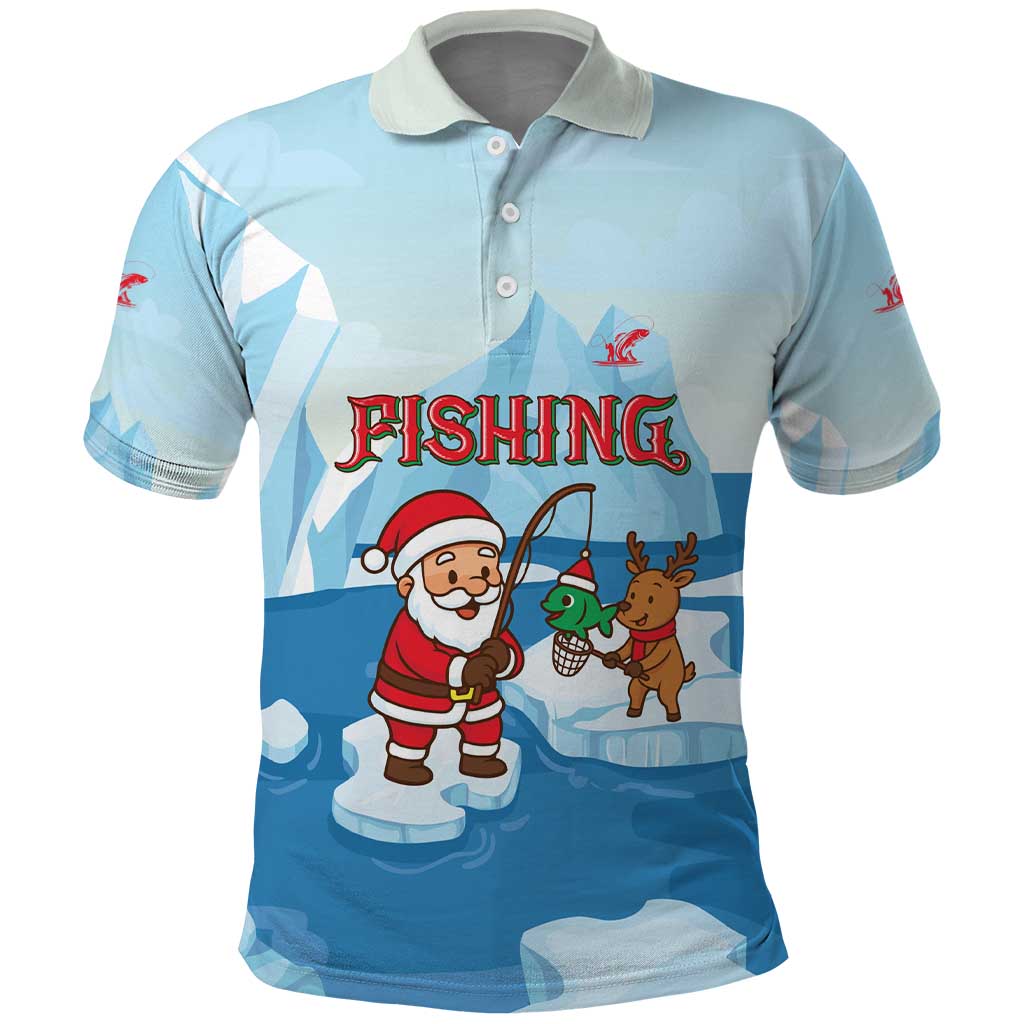 Christmas Fishing Polo Shirt with Santa Claus Reindeer Iceberg and Merry Fishmas Design - Wonder Print Shop