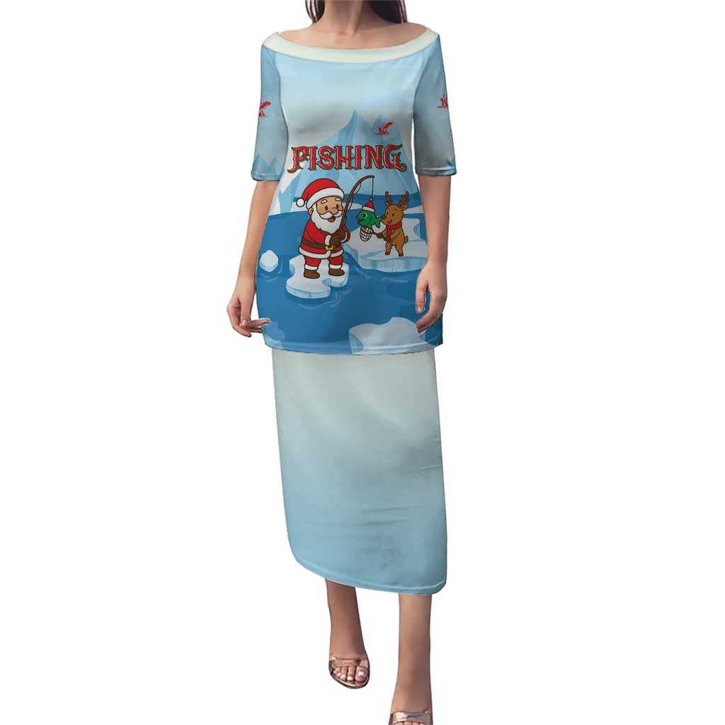 Christmas Fishing Puletasi with Santa Claus Reindeer Iceberg and Merry Fishmas Design - Wonder Print Shop