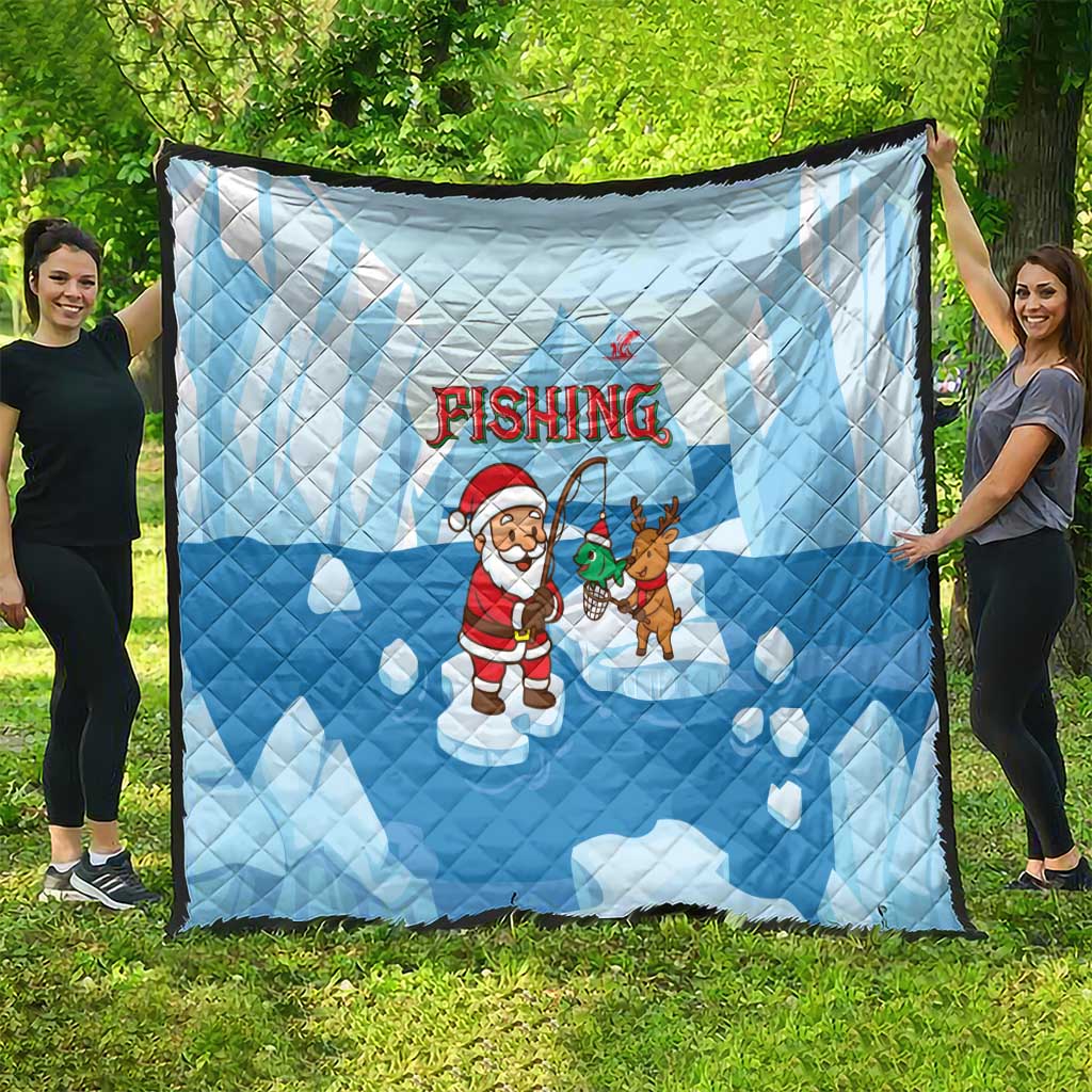 Christmas Fishing Quilt with Santa Claus Reindeer Iceberg and Merry Fishmas Design - Wonder Print Shop
