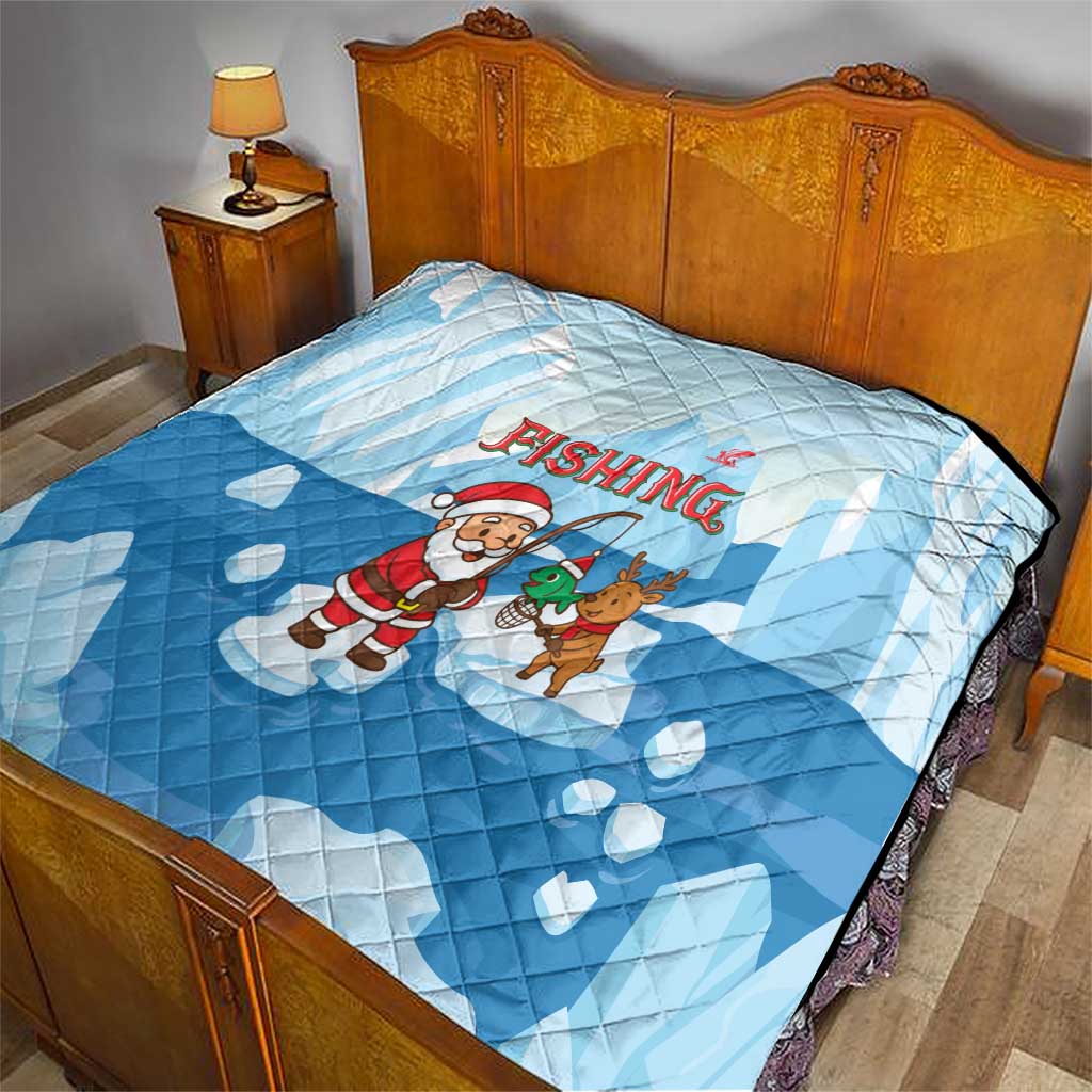 Christmas Fishing Quilt with Santa Claus Reindeer Iceberg and Merry Fishmas Design - Wonder Print Shop