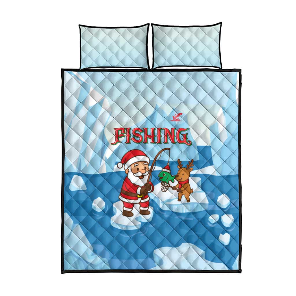 Christmas Fishing Quilt Bed Set with Santa Claus Reindeer Iceberg and Merry Fishmas Design - Wonder Print Shop