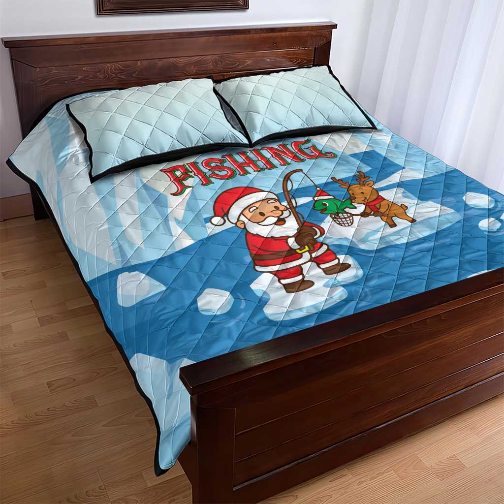 Christmas Fishing Quilt Bed Set with Santa Claus Reindeer Iceberg and Merry Fishmas Design - Wonder Print Shop