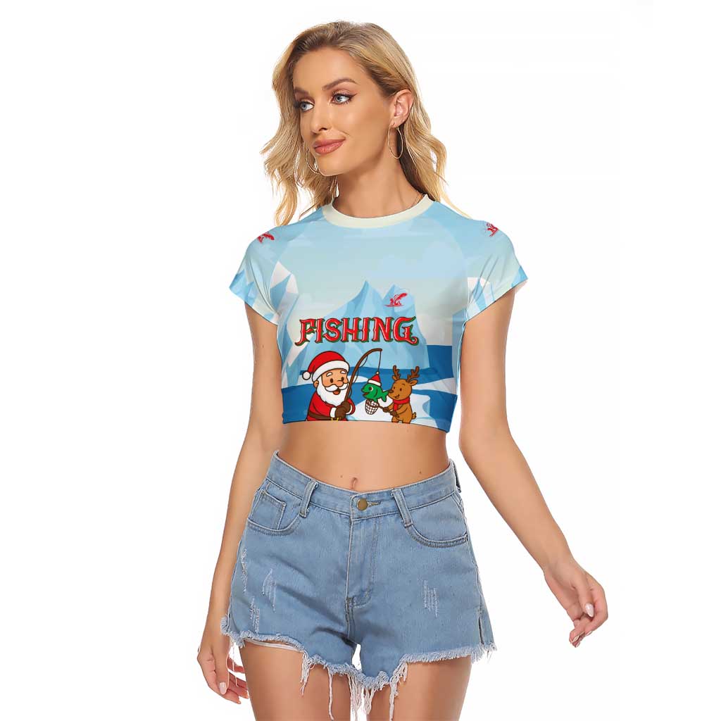 Christmas Fishing Raglan Cropped T Shirt with Santa Claus Reindeer Iceberg and Merry Fishmas Design - Wonder Print Shop