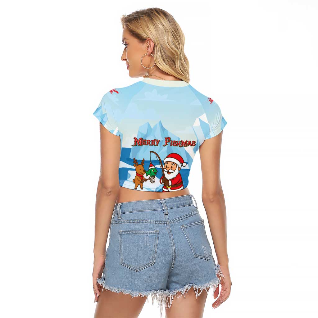 Christmas Fishing Raglan Cropped T Shirt with Santa Claus Reindeer Iceberg and Merry Fishmas Design - Wonder Print Shop