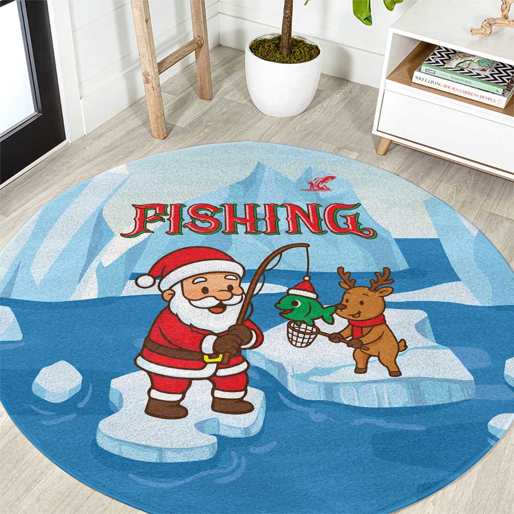 Christmas Fishing Round Carpet with Santa Claus Reindeer Iceberg and Merry Fishmas Design - Wonder Print Shop