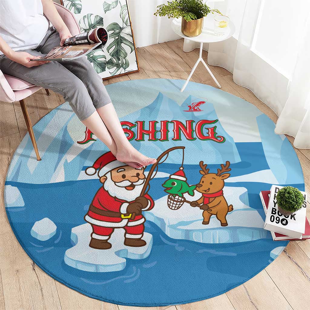 Christmas Fishing Round Carpet with Santa Claus Reindeer Iceberg and Merry Fishmas Design - Wonder Print Shop