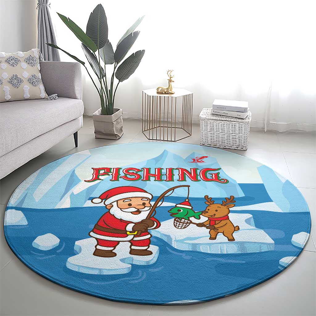 Christmas Fishing Round Carpet with Santa Claus Reindeer Iceberg and Merry Fishmas Design - Wonder Print Shop