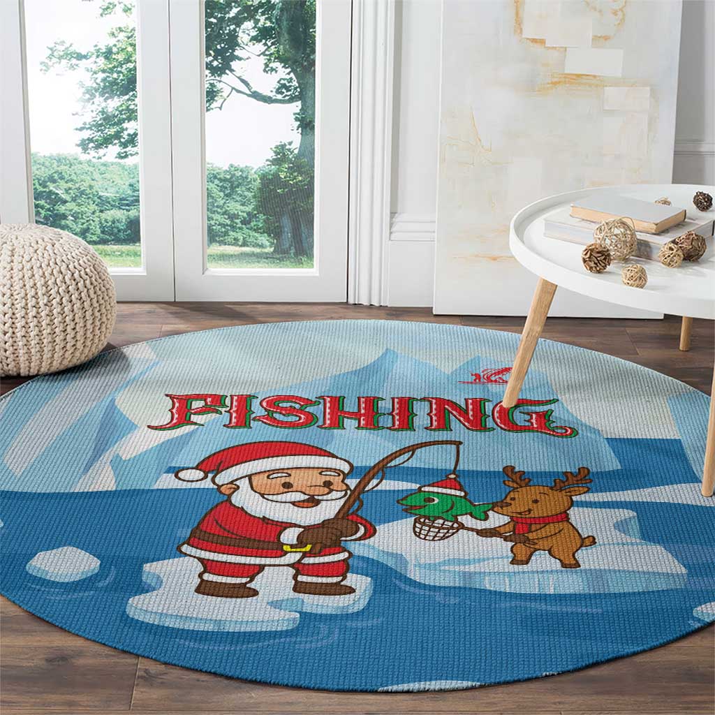 Christmas Fishing Round Carpet with Santa Claus Reindeer Iceberg and Merry Fishmas Design - Wonder Print Shop