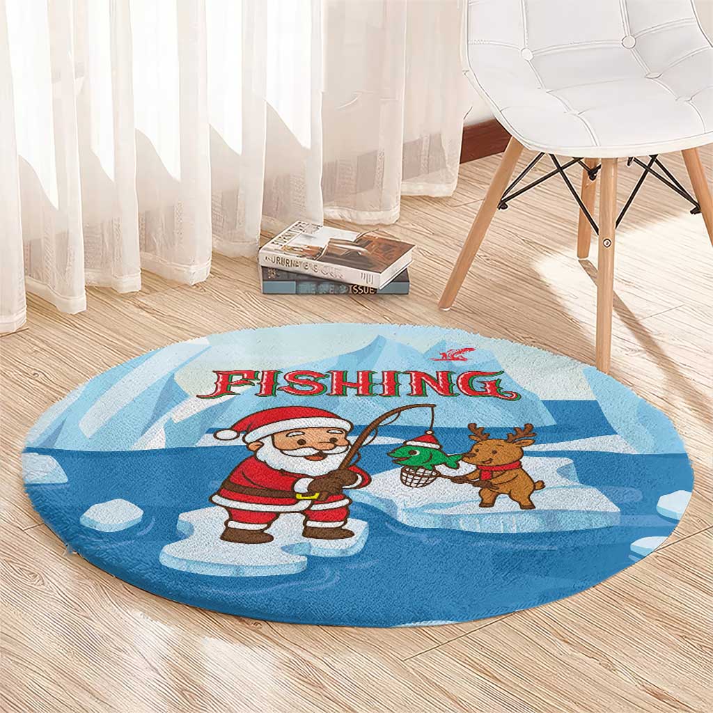 Christmas Fishing Round Carpet with Santa Claus Reindeer Iceberg and Merry Fishmas Design - Wonder Print Shop