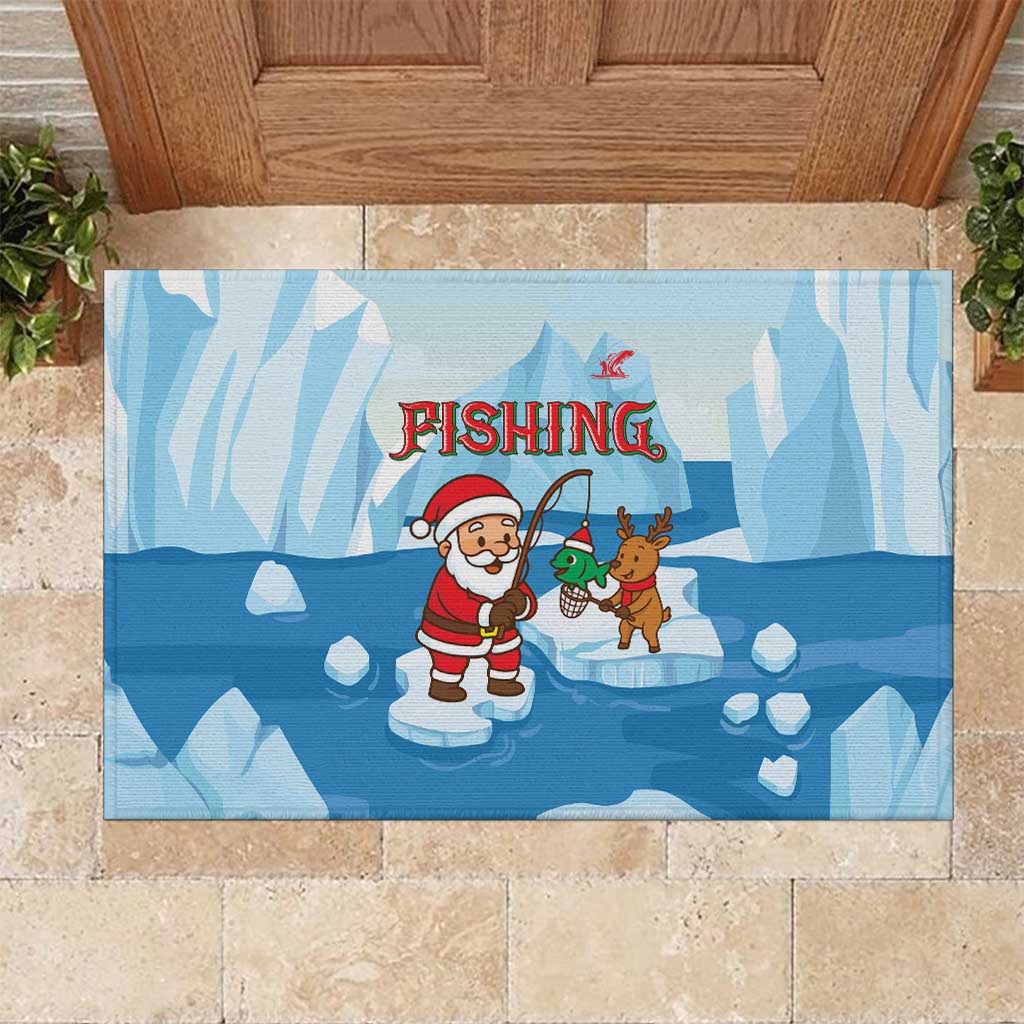Christmas Fishing Rubber Doormat with Santa Claus Reindeer Iceberg and Merry Fishmas Design - Wonder Print Shop