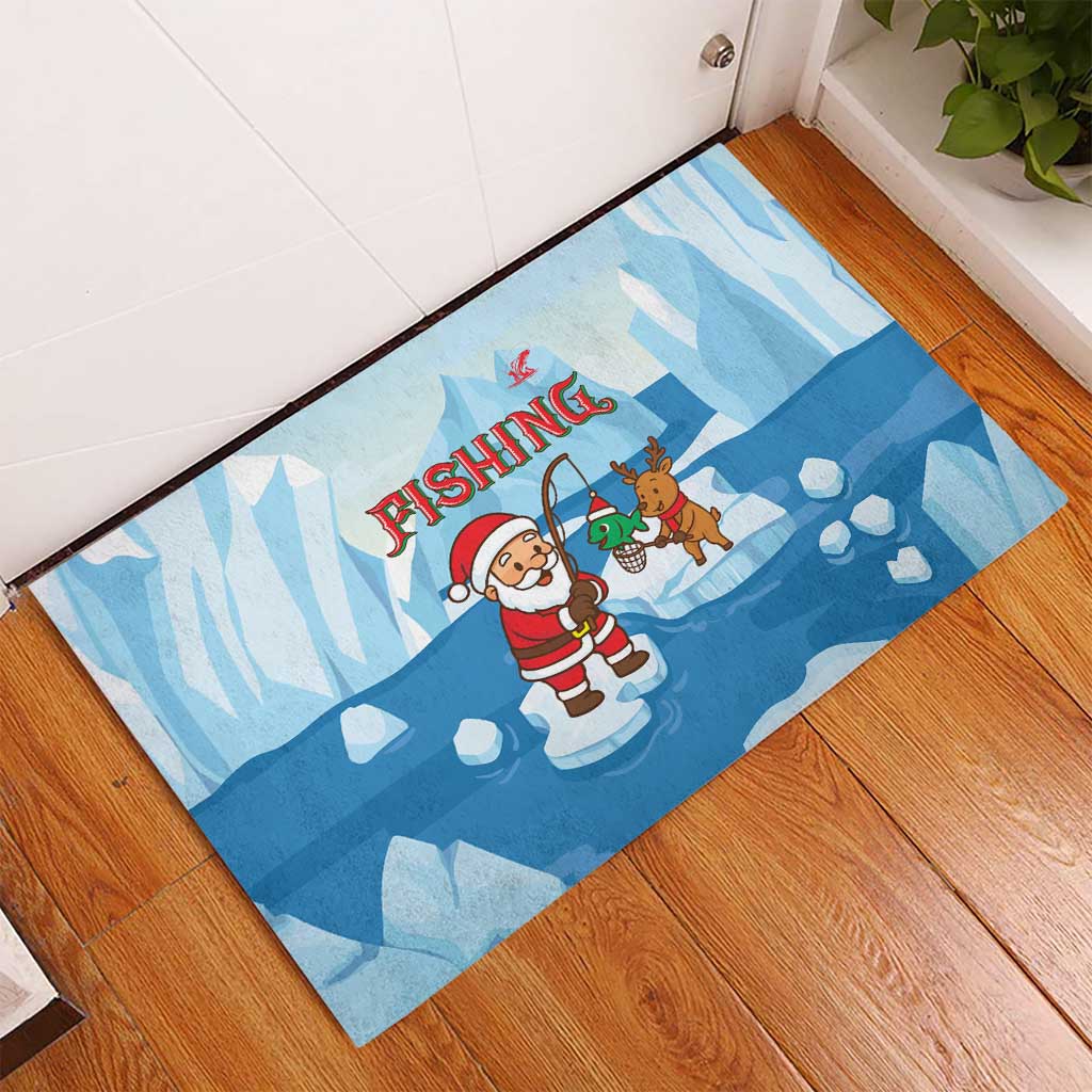 Christmas Fishing Rubber Doormat with Santa Claus Reindeer Iceberg and Merry Fishmas Design - Wonder Print Shop