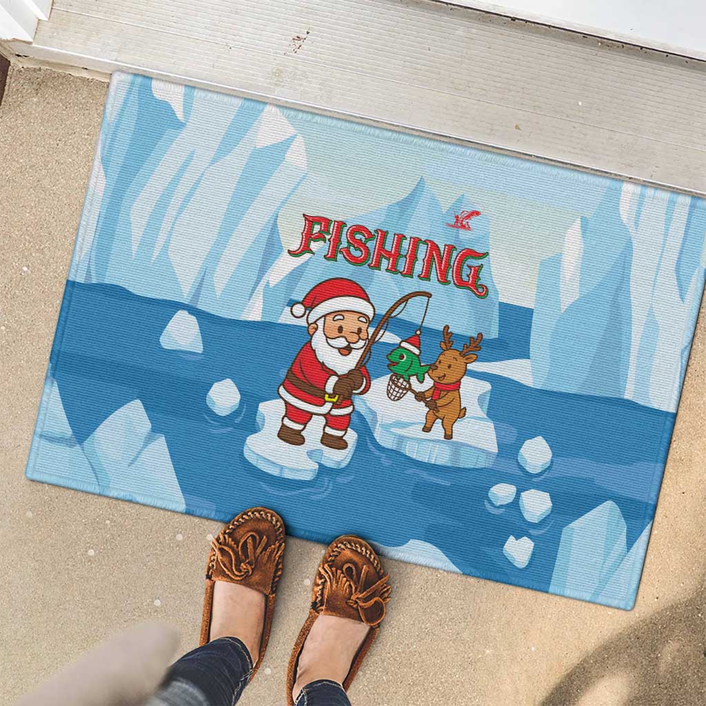 Christmas Fishing Rubber Doormat with Santa Claus Reindeer Iceberg and Merry Fishmas Design - Wonder Print Shop