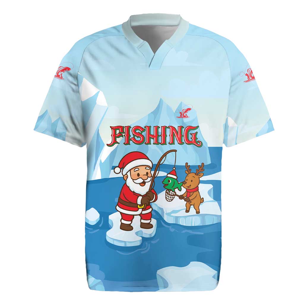 Christmas Fishing Rugby Jersey with Santa Claus Reindeer Iceberg and Merry Fishmas Design - Wonder Print Shop